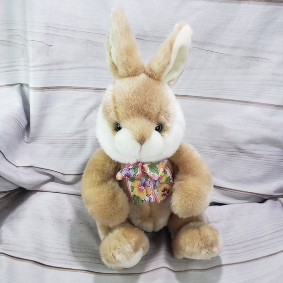 Gund Bunny Rabbit Brown Cream Plush Stuffed Animal 10 Inch Floral Bow Blue Eyes - Picture 1 of 10